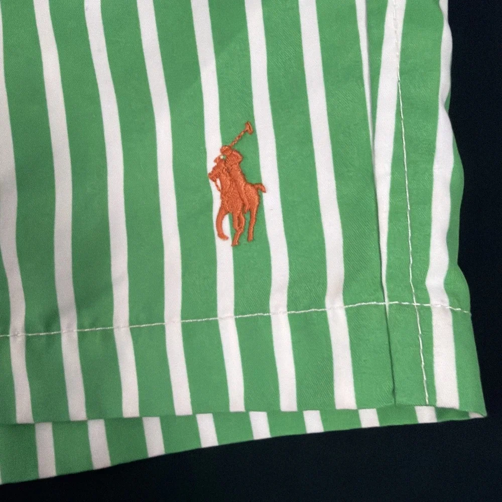 Polo Ralph Lauren Green White Striped Swim Trunks Shorts Men's Size L Swimwear